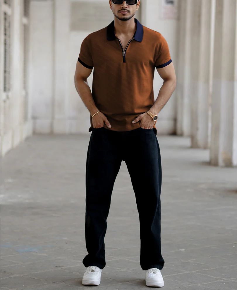Dark Tan Contrast Collar Zipper T-Shirt - Image 5