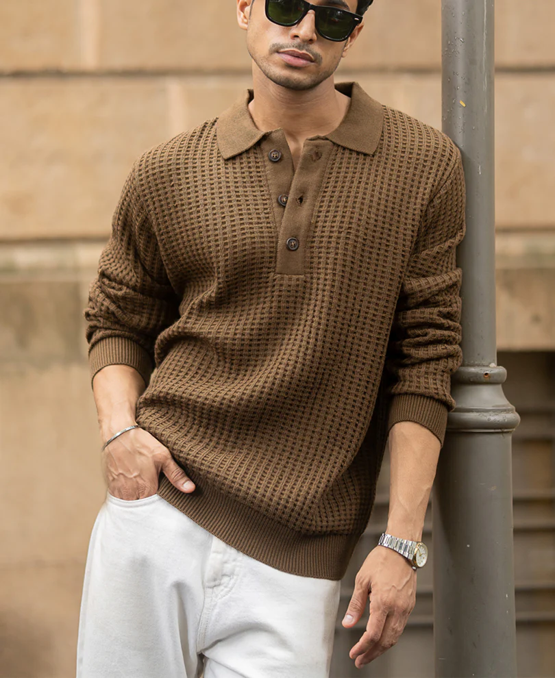 Dark Tan Structured Knit Polo T-Shirt - Image 2