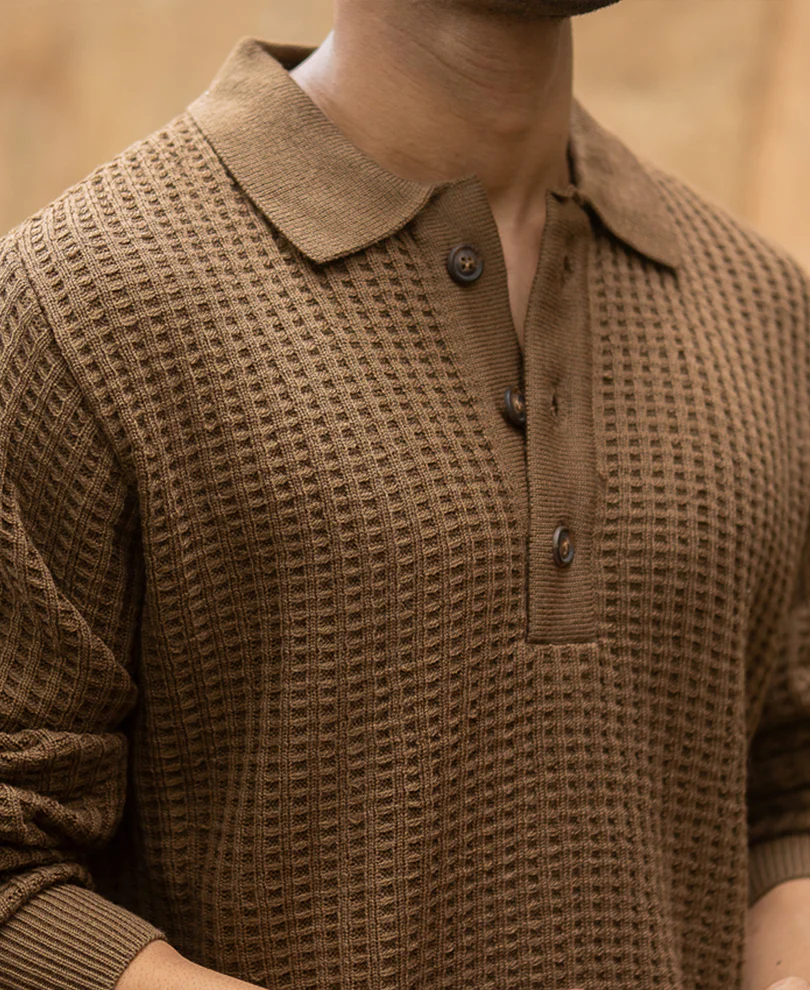 Dark Tan Structured Knit Polo T-Shirt - Image 3