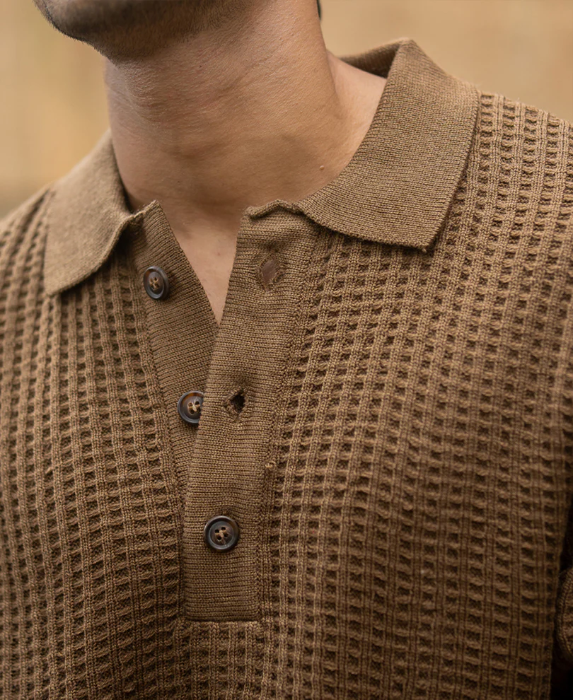 Dark Tan Structured Knit Polo T-Shirt - Image 4
