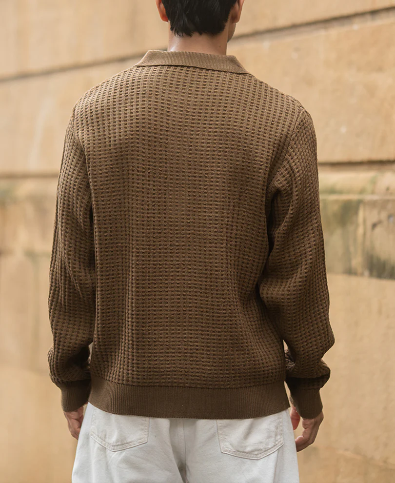 Dark Tan Structured Knit Polo T-Shirt - Image 5