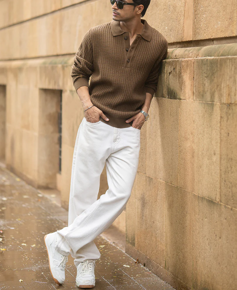 Dark Tan Structured Knit Polo T-Shirt - Image 6