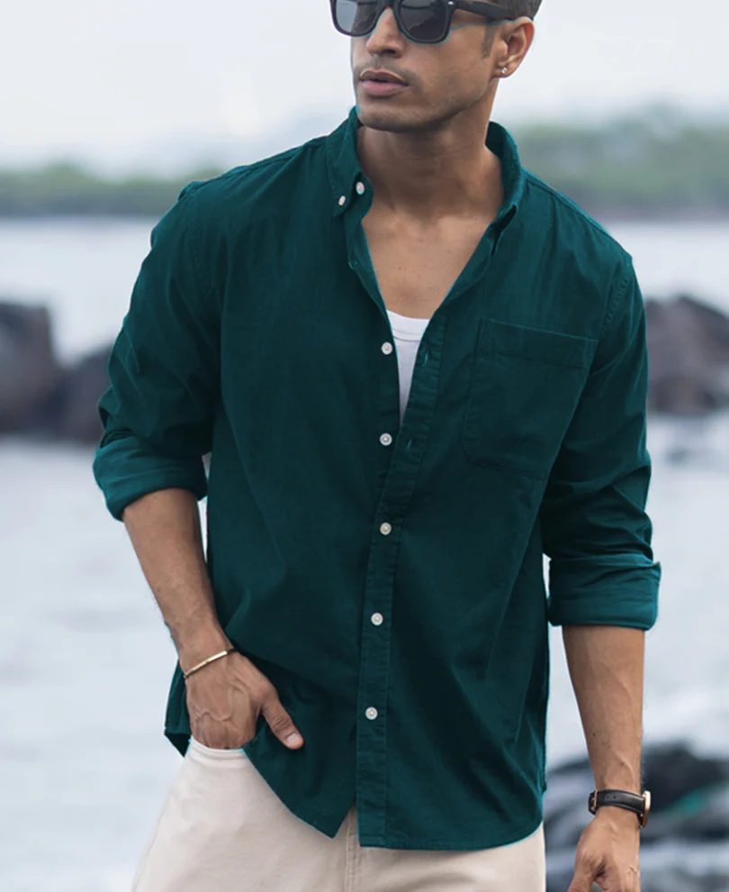 Dark Teal Corduroy Buttondown Shirt 100% Cotton - Image 2