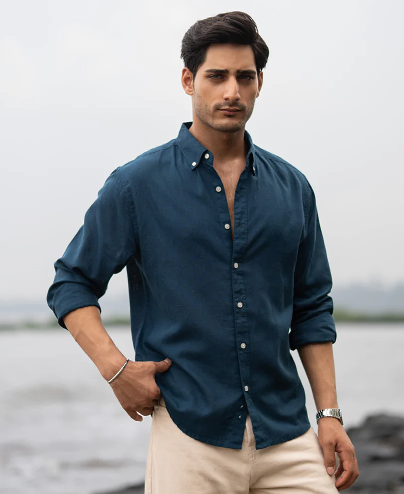 Dark Teal Linen Blend Shirt - Image 3