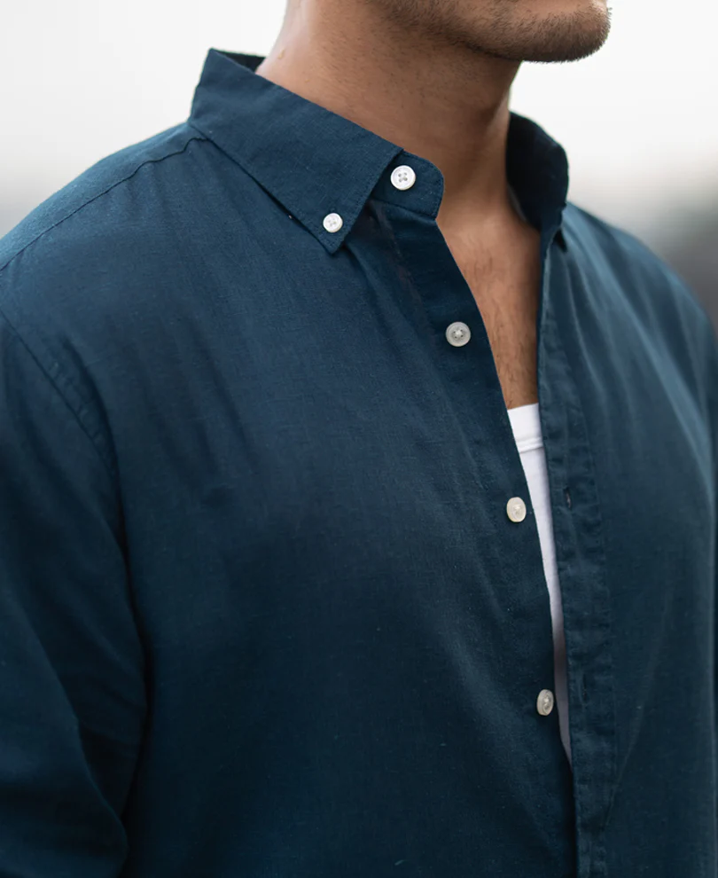 Dark Teal Linen Blend Shirt - Image 4