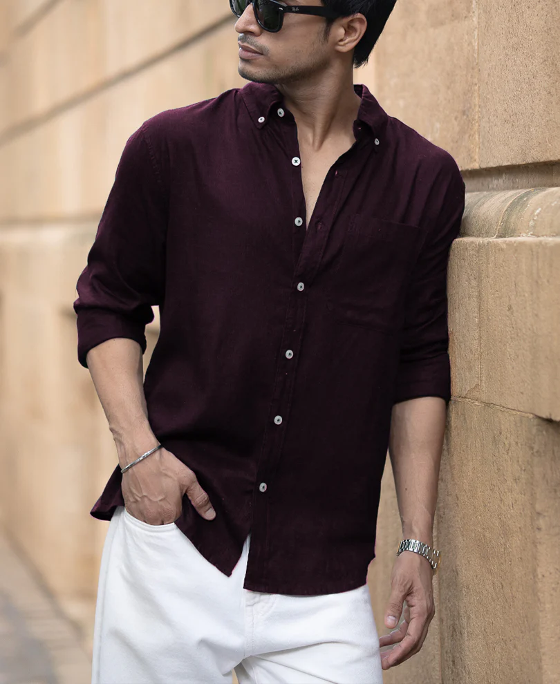 Dark Wine Linen Blend Shirt - Image 2