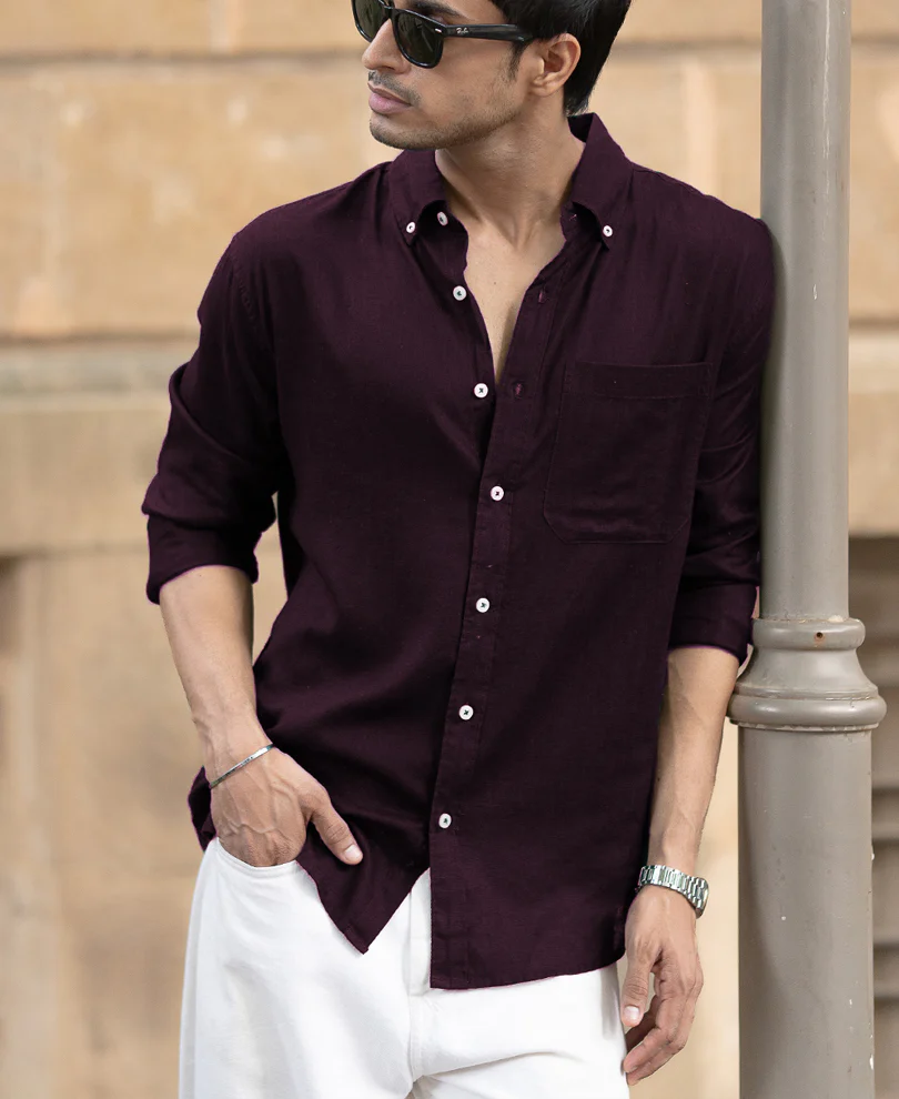 Dark Wine Linen Blend Shirt - Image 3