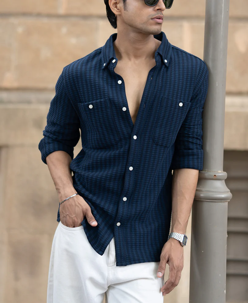 Denim Knit Structured Stripe Shirt - Image 3