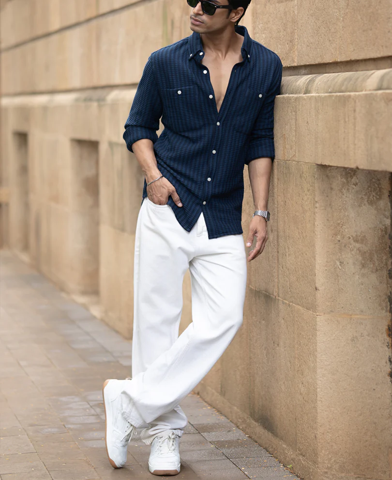 Denim Knit Structured Stripe Shirt - Image 6