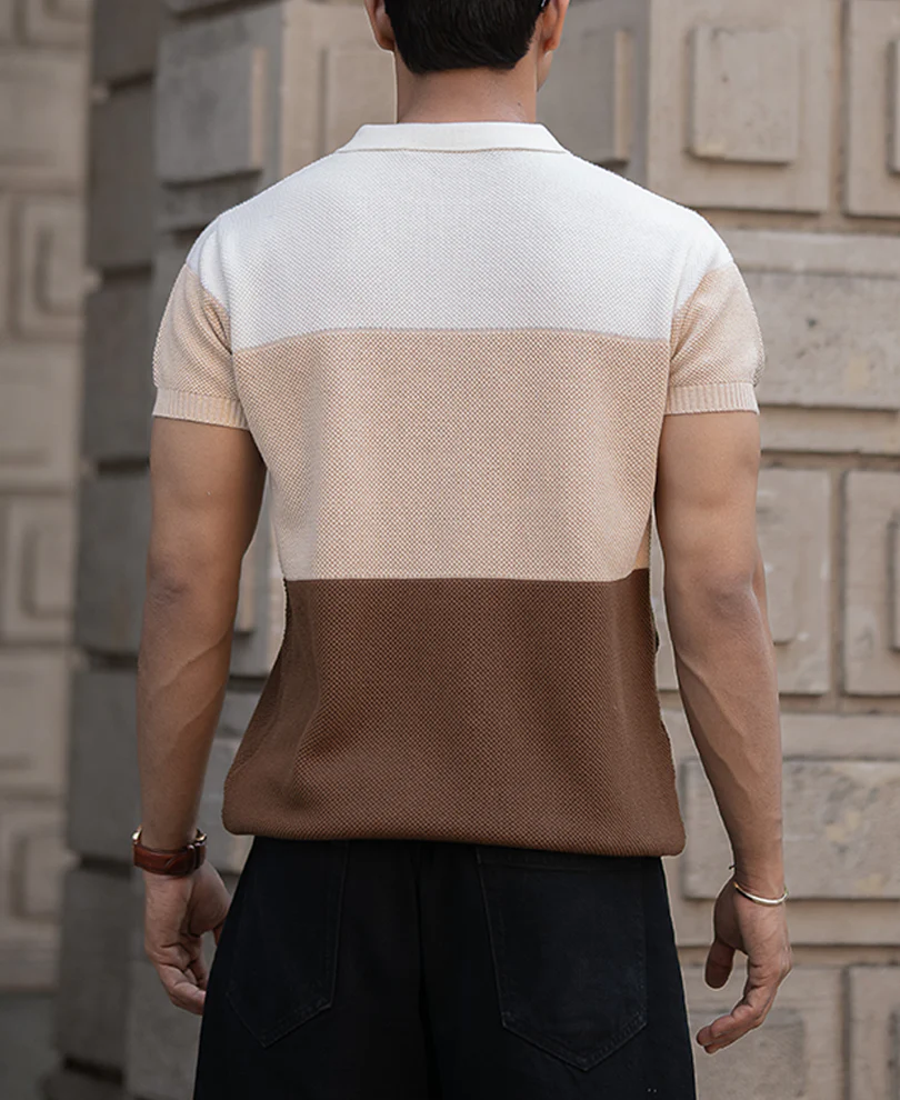 Earthy Stripe Zipper Polo T-Shirt 100% Cotton - Image 3
