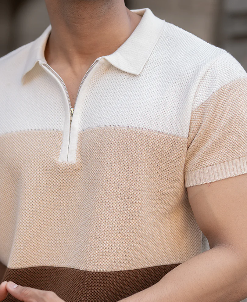 Earthy Stripe Zipper Polo T-Shirt 100% Cotton - Image 4