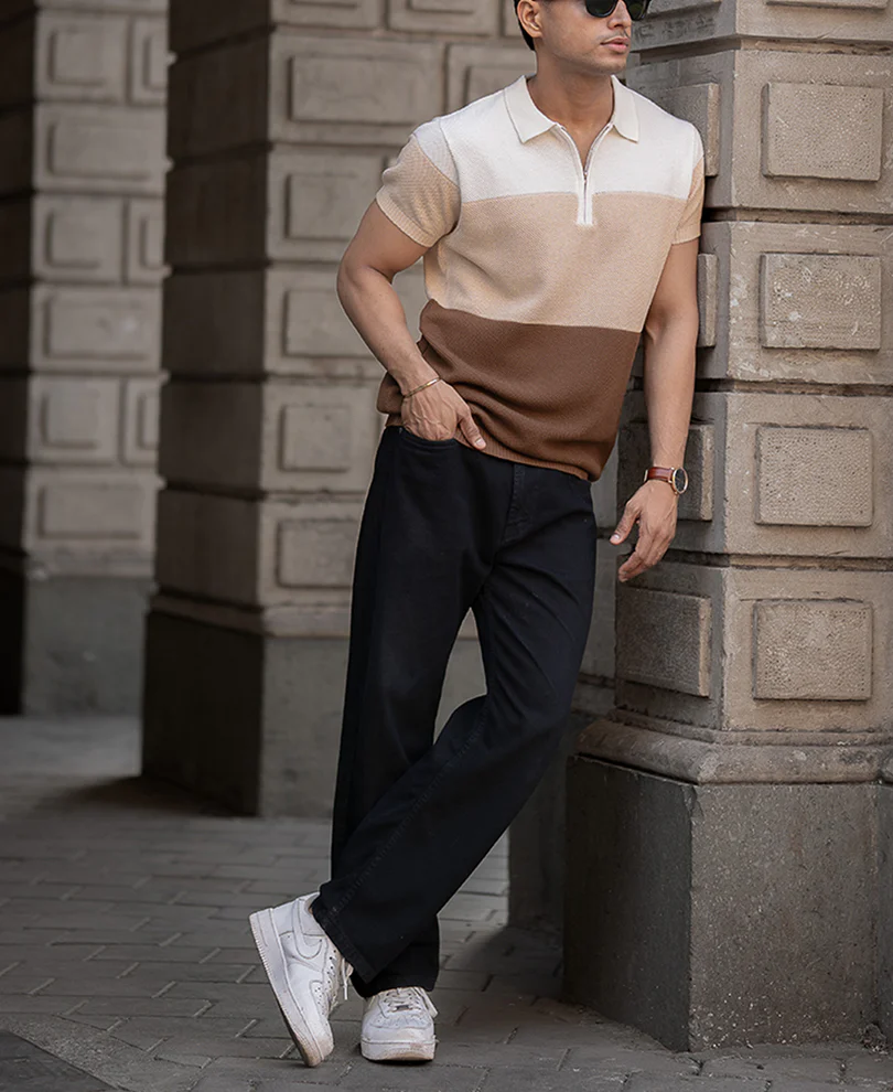 Earthy Stripe Zipper Polo T-Shirt 100% Cotton - Image 5