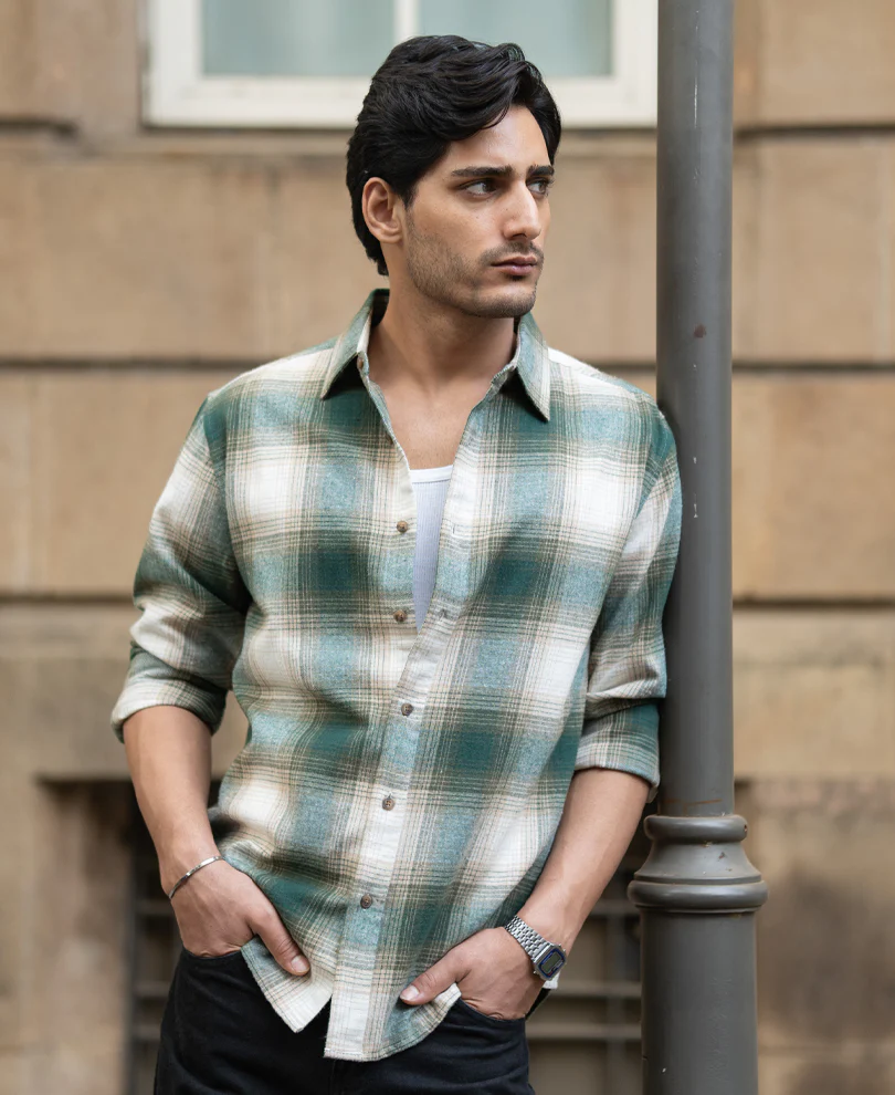 Green & Beige Flannel Checks Shirt - Image 2