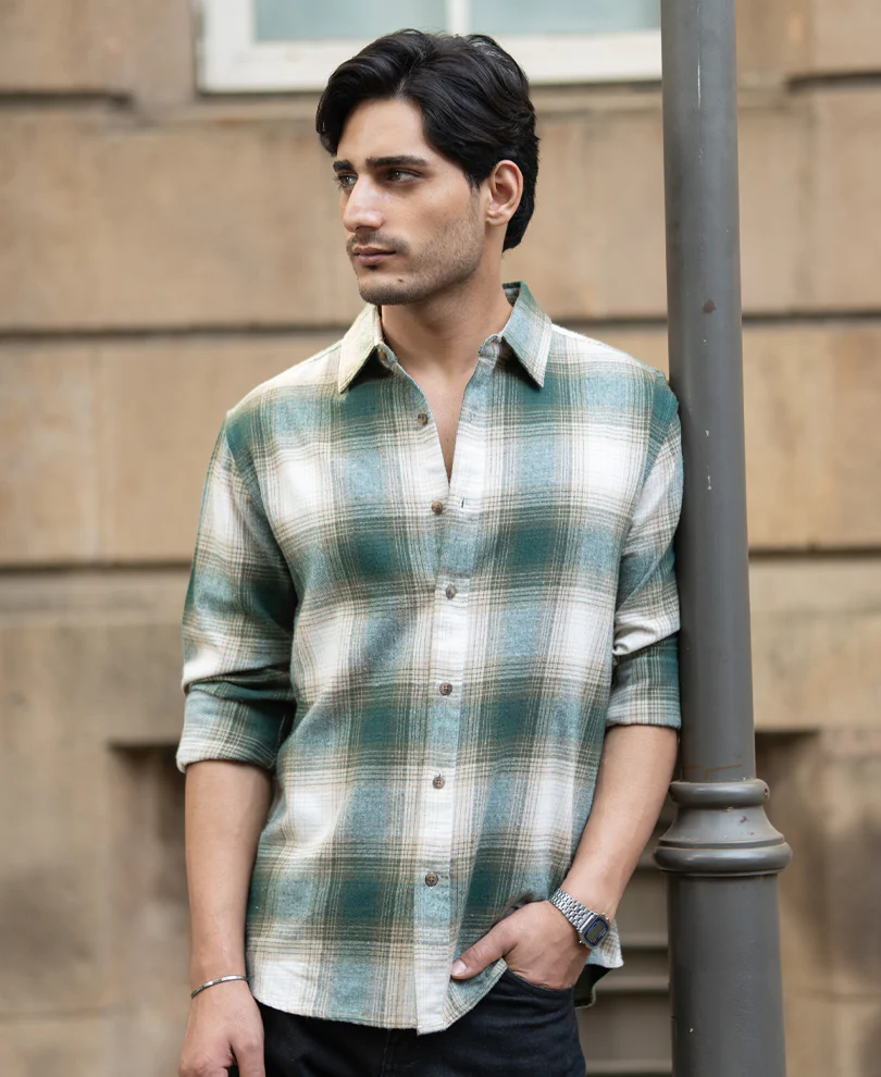 Green & Beige Flannel Checks Shirt - Image 3