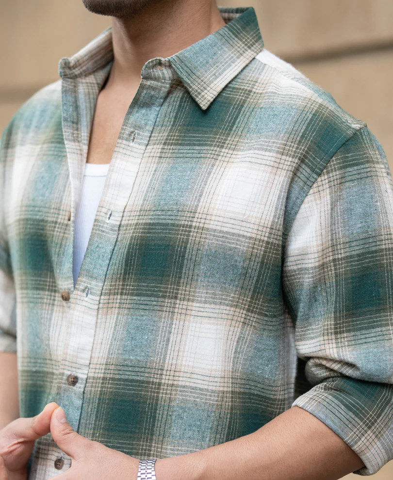 Green & Beige Flannel Checks Shirt - Image 4