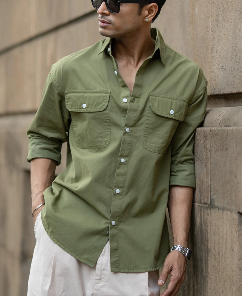 Green Double Pocket Lightweight Shirt 100% Cotton - Image 3