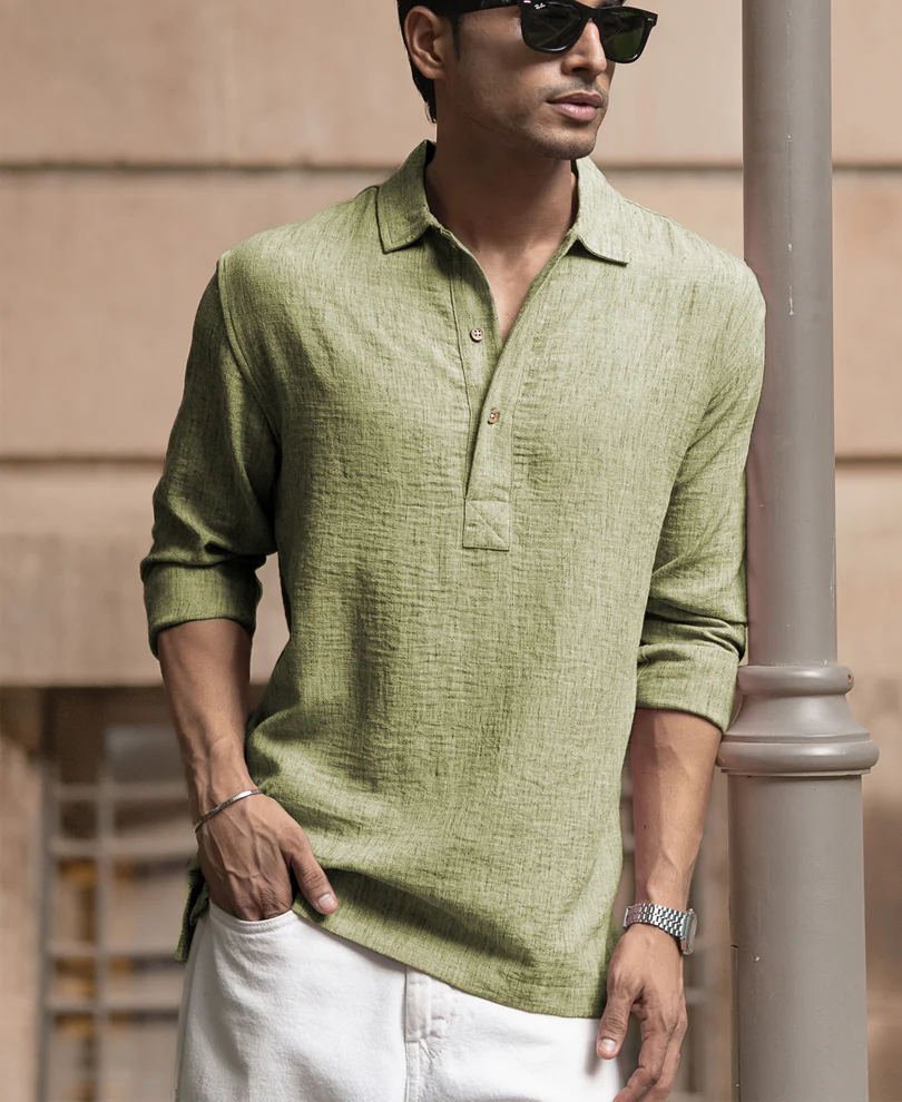 Green Slub Kurta Shirt - Image 2