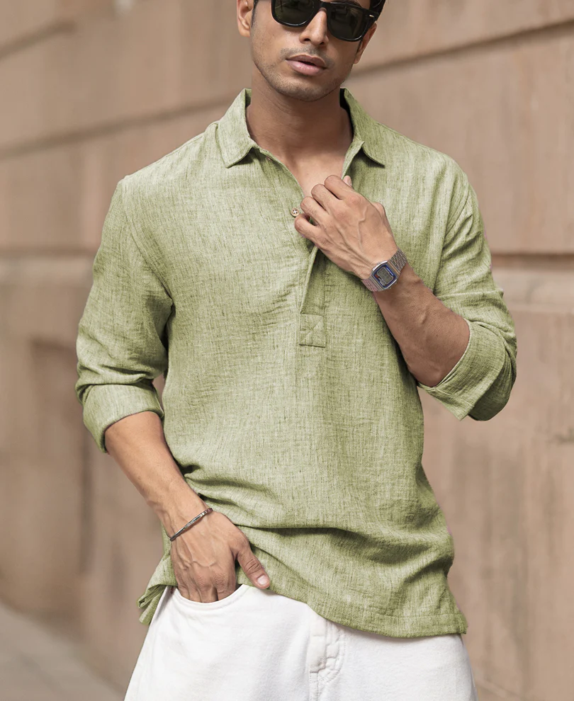 Green Slub Kurta Shirt - Image 3