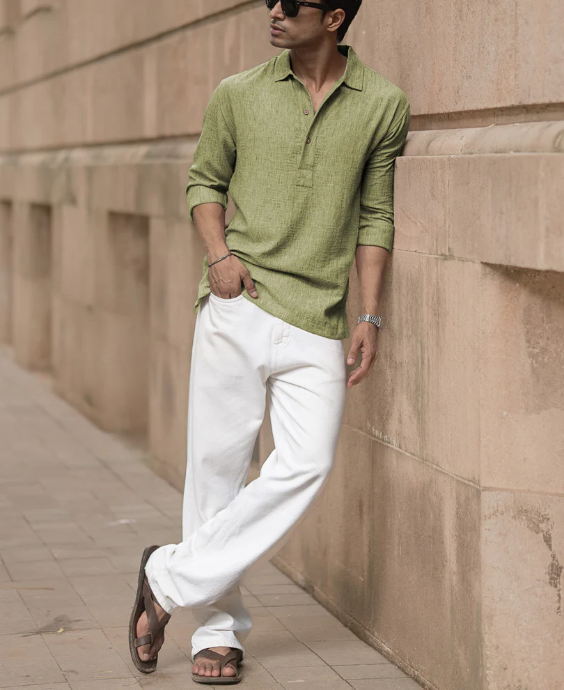Green Slub Kurta Shirt - Image 5