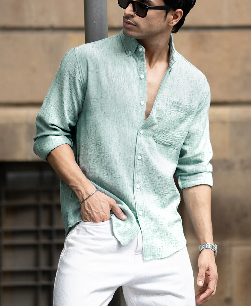 Green Slub Textured Shirt - Image 3