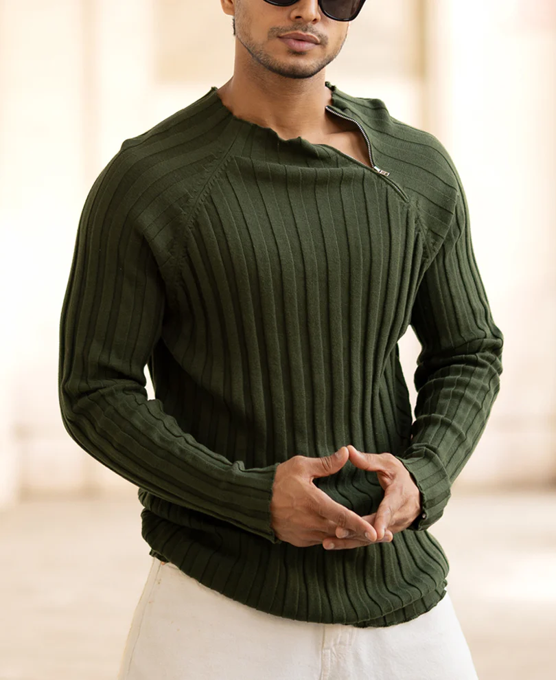 Olive High Neck Ribbed T-Shirt 100% Cotton - Image 2