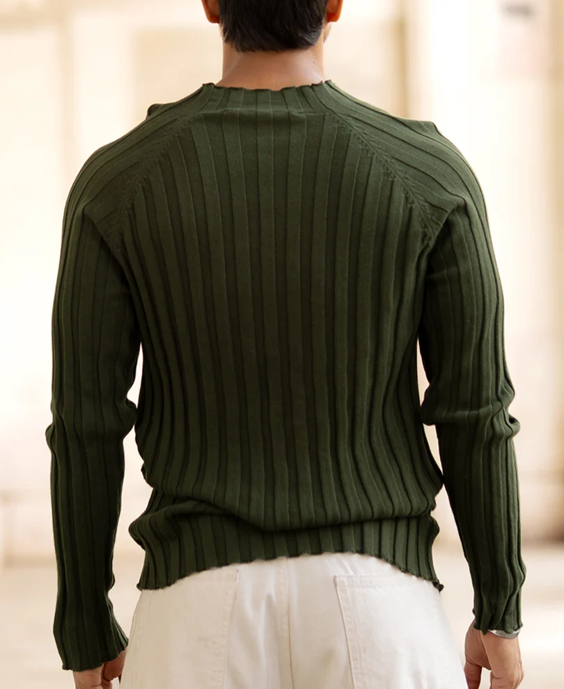 Olive High Neck Ribbed T-Shirt 100% Cotton - Image 3