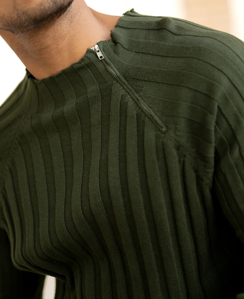Olive High Neck Ribbed T-Shirt 100% Cotton - Image 4