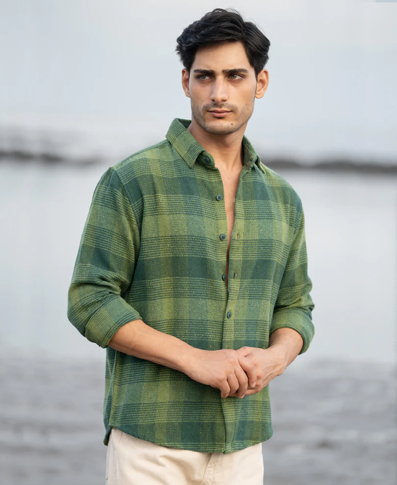 Green Structured Check Shirt 100% Cotton - Image 2