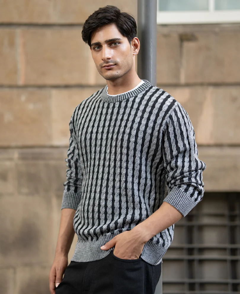 Grey And Black Cable Knit T-Shirt - Image 2