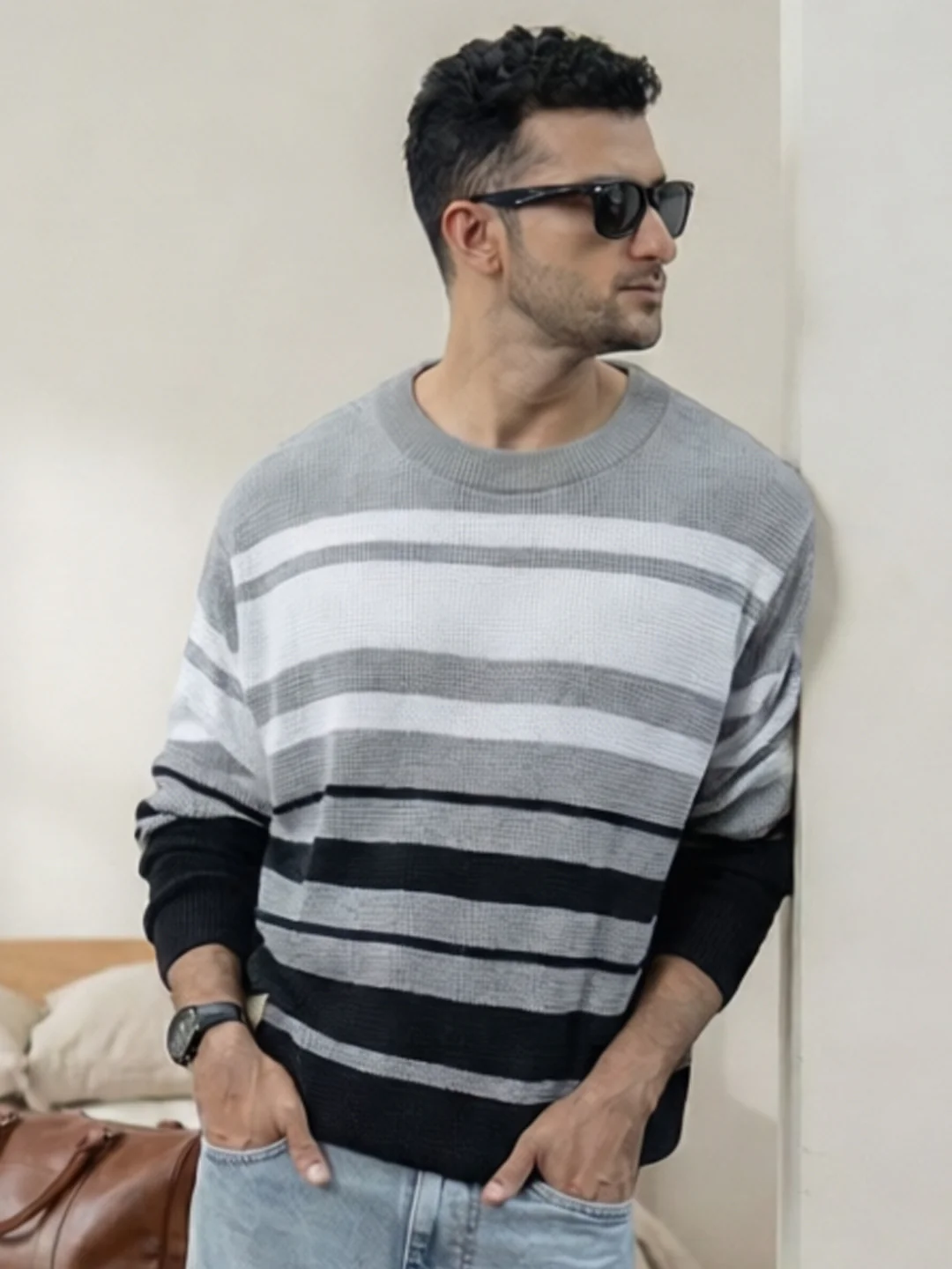 Grey And Black Structured Striped T-Shirt 100% Cotton - Image 2