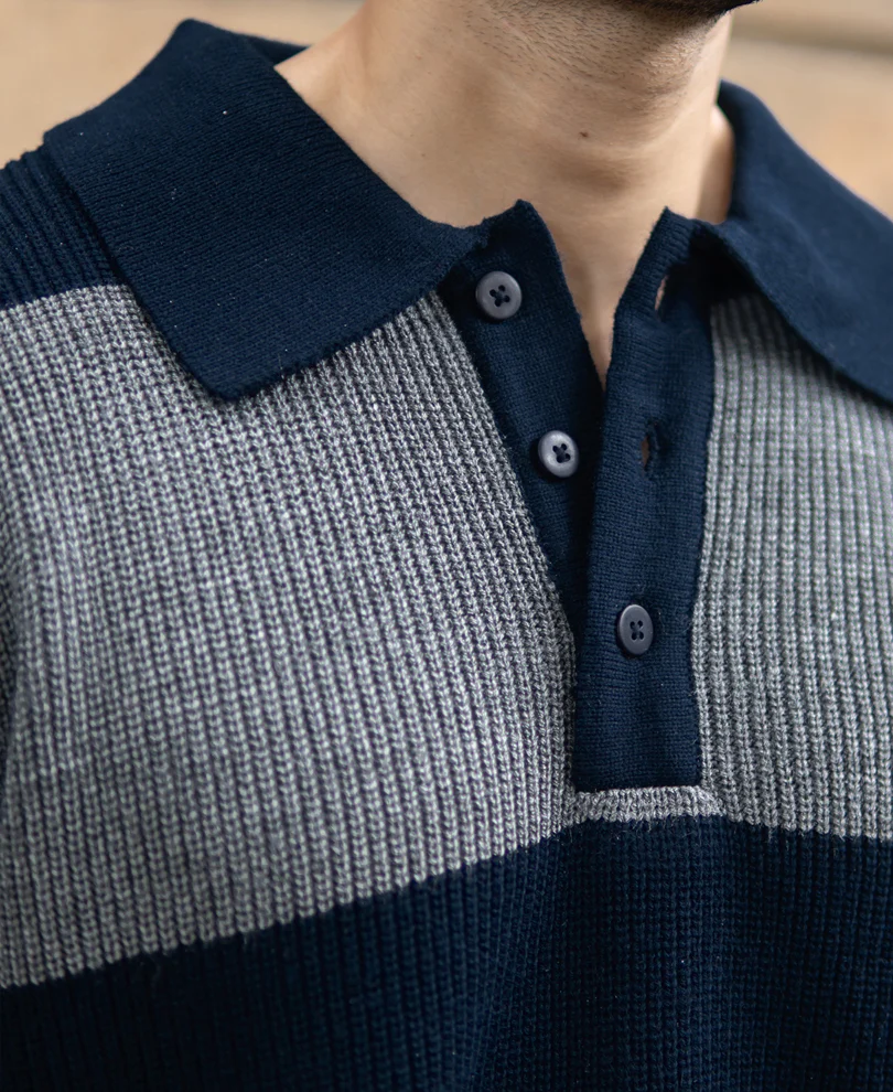 Grey And Navy Knit Striped Polo T-Shirt - Image 3