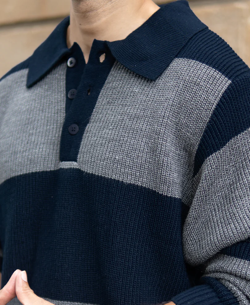 Grey And Navy Knit Striped Polo T-Shirt - Image 4