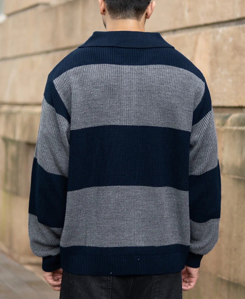 Grey And Navy Knit Striped Polo T-Shirt - Image 5