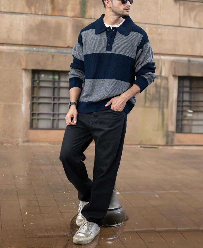Grey And Navy Knit Striped Polo T-Shirt - Image 6