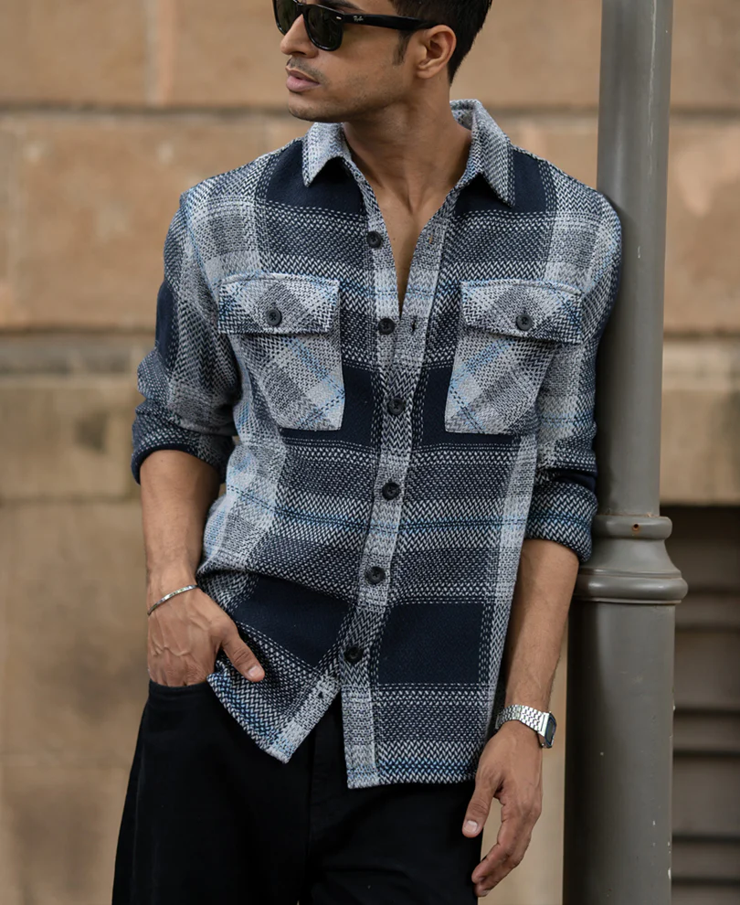 Grey And Navy Structured Checks Shirt - Image 3