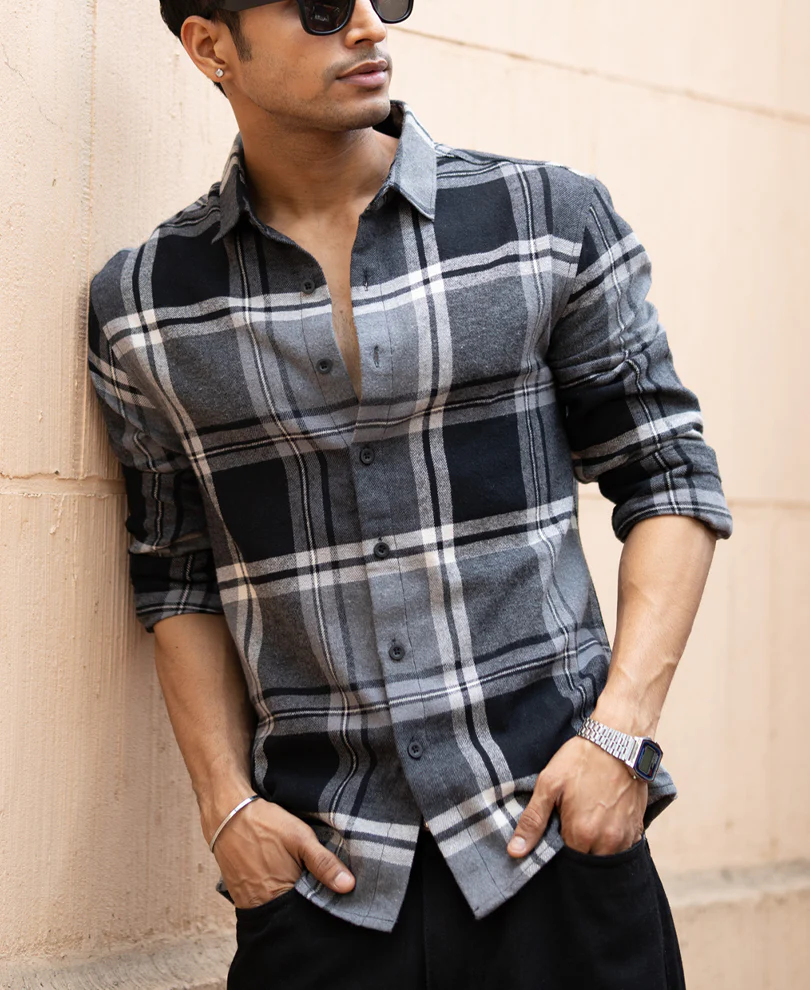 Grey & Black Macro Checks Shirt 100% Cotton - Image 2