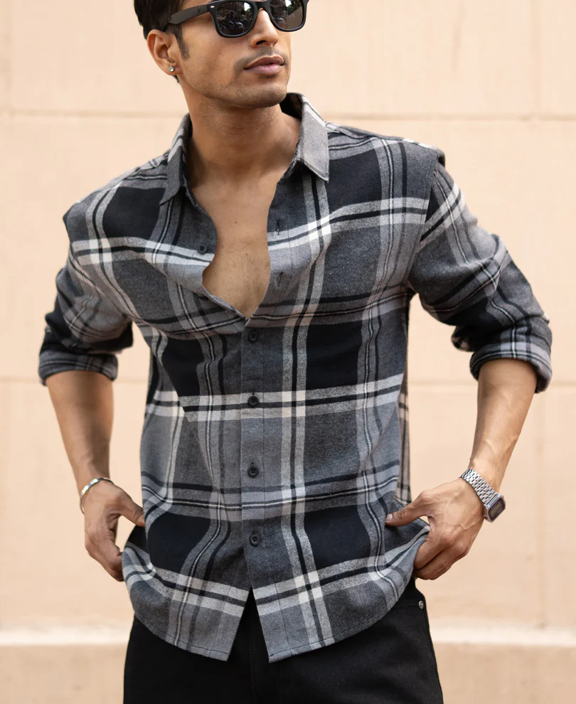 Grey & Black Macro Checks Shirt 100% Cotton - Image 3