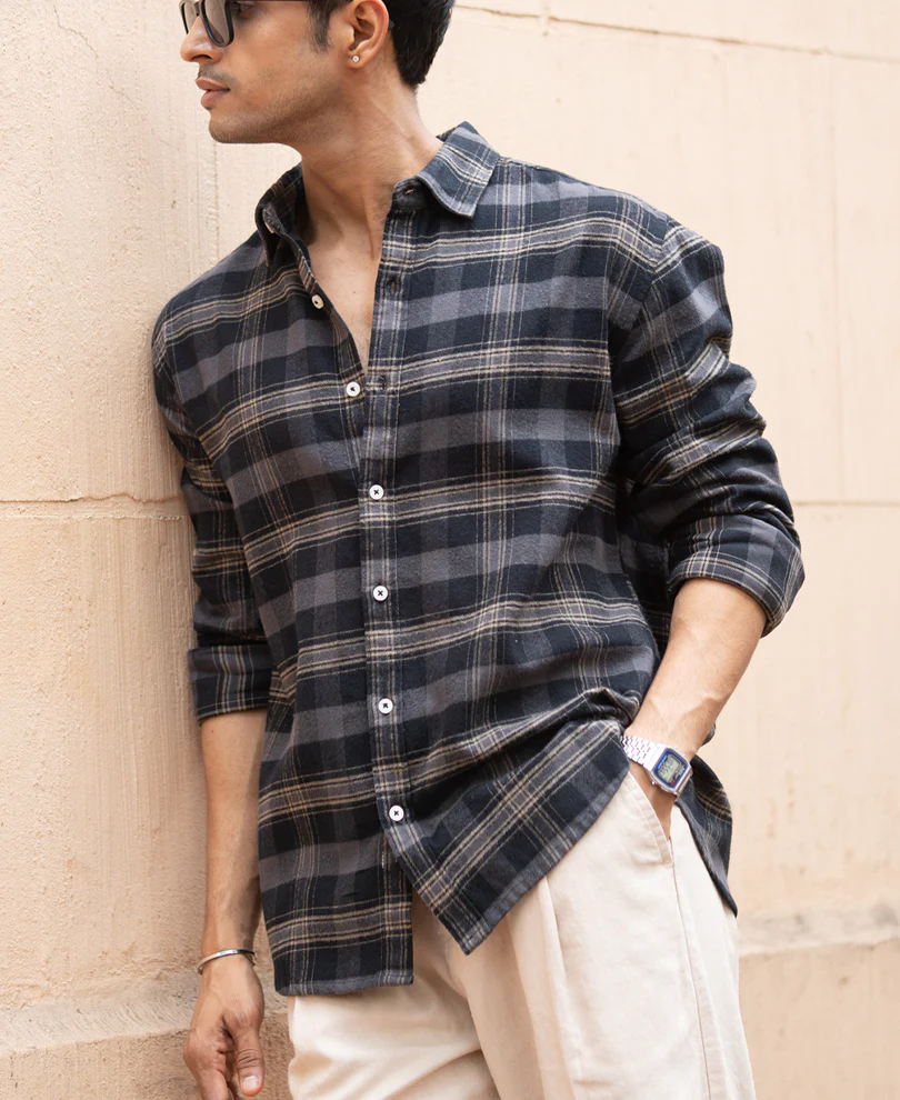 Grey Brushed Checked Shirt 100% Cotton - Image 3