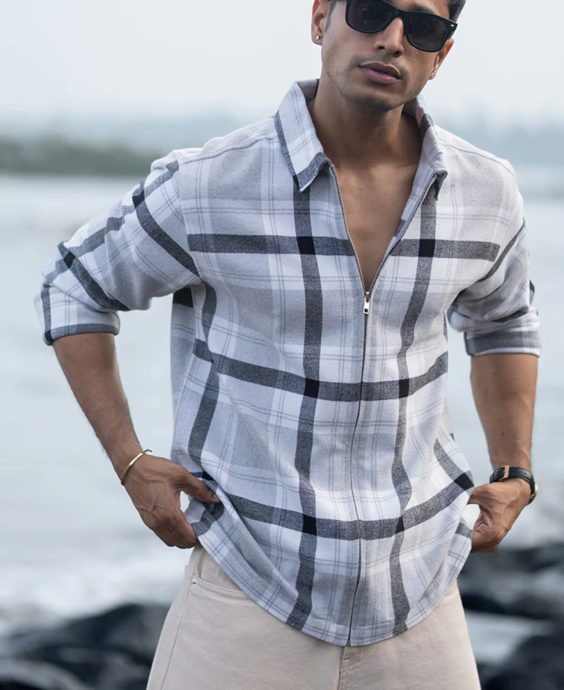 Grey Checks Zipper Shirt - Image 3