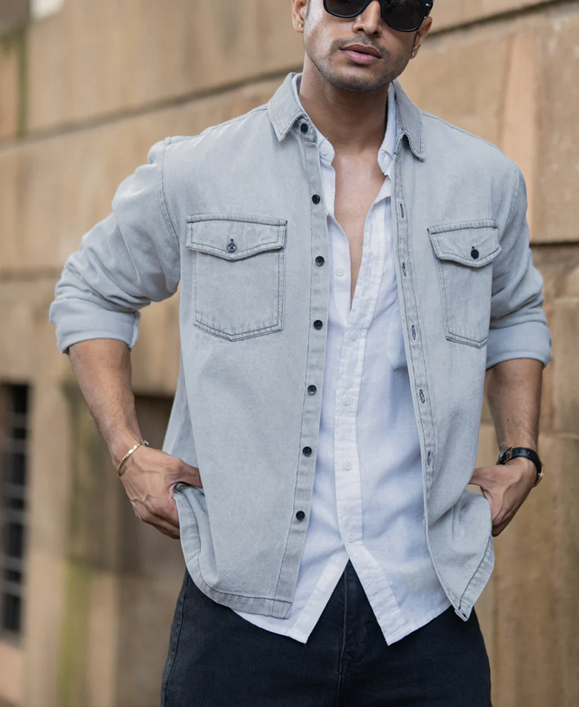 Grey Denim Shacket With Pockets 100% Cotton - Image 3