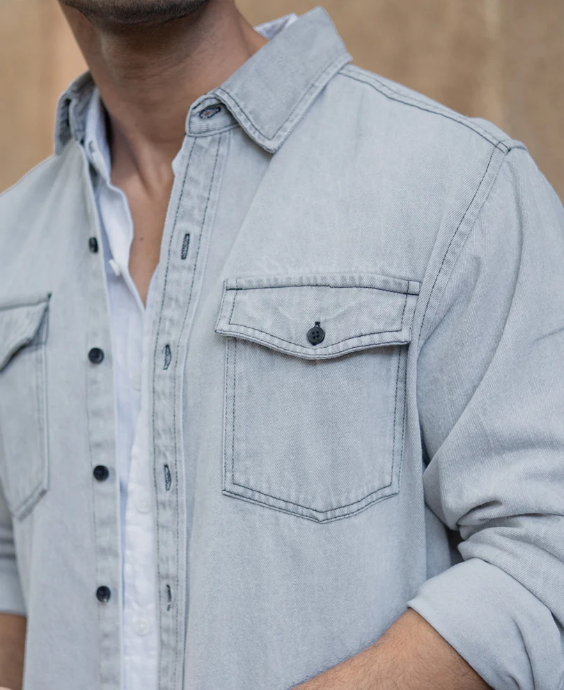 Grey Denim Shacket With Pockets 100% Cotton - Image 4