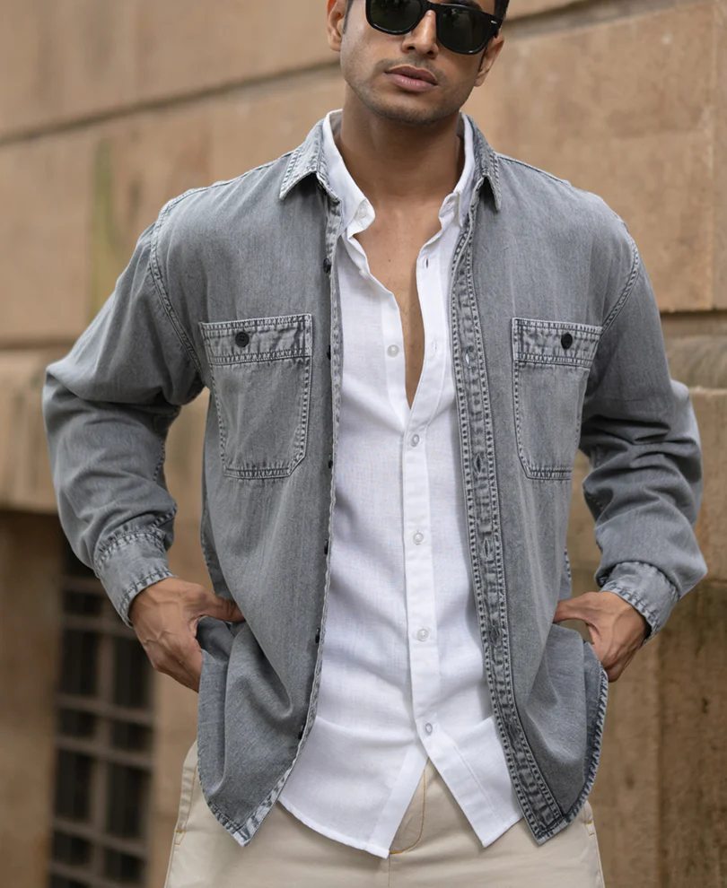 Grey Denim Shirt With Pockets 100% Cotton - Image 3