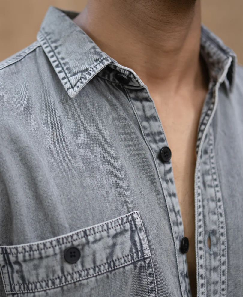 Grey Denim Shirt With Pockets 100% Cotton - Image 4
