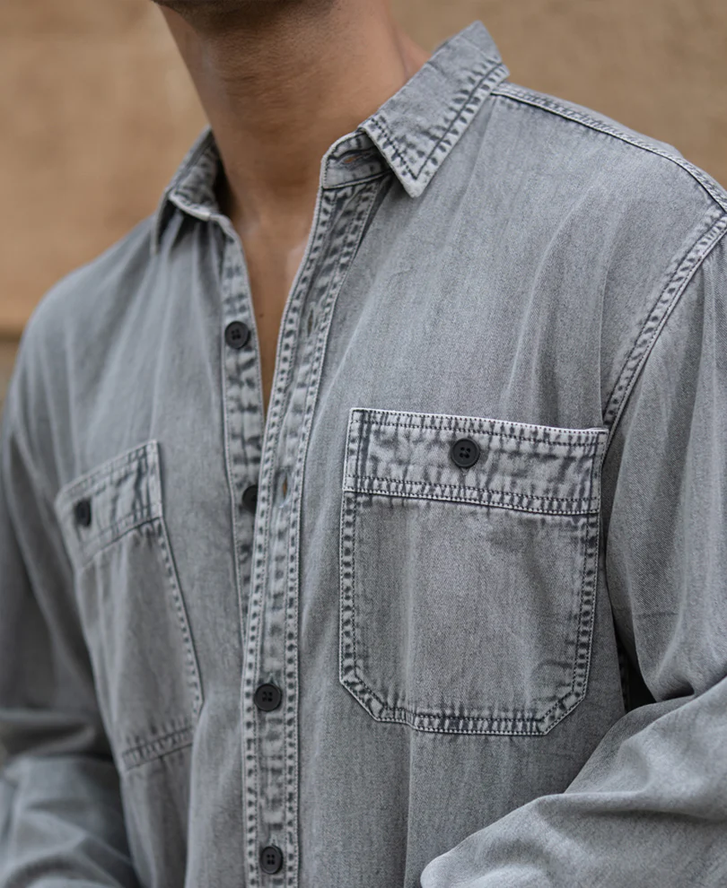 Grey Denim Shirt With Pockets 100% Cotton - Image 5