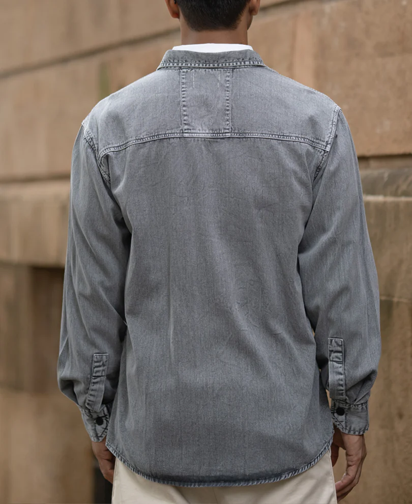 Grey Denim Shirt With Pockets 100% Cotton - Image 6