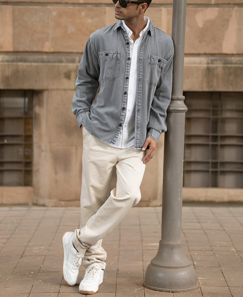 Grey Denim Shirt With Pockets 100% Cotton - Image 7