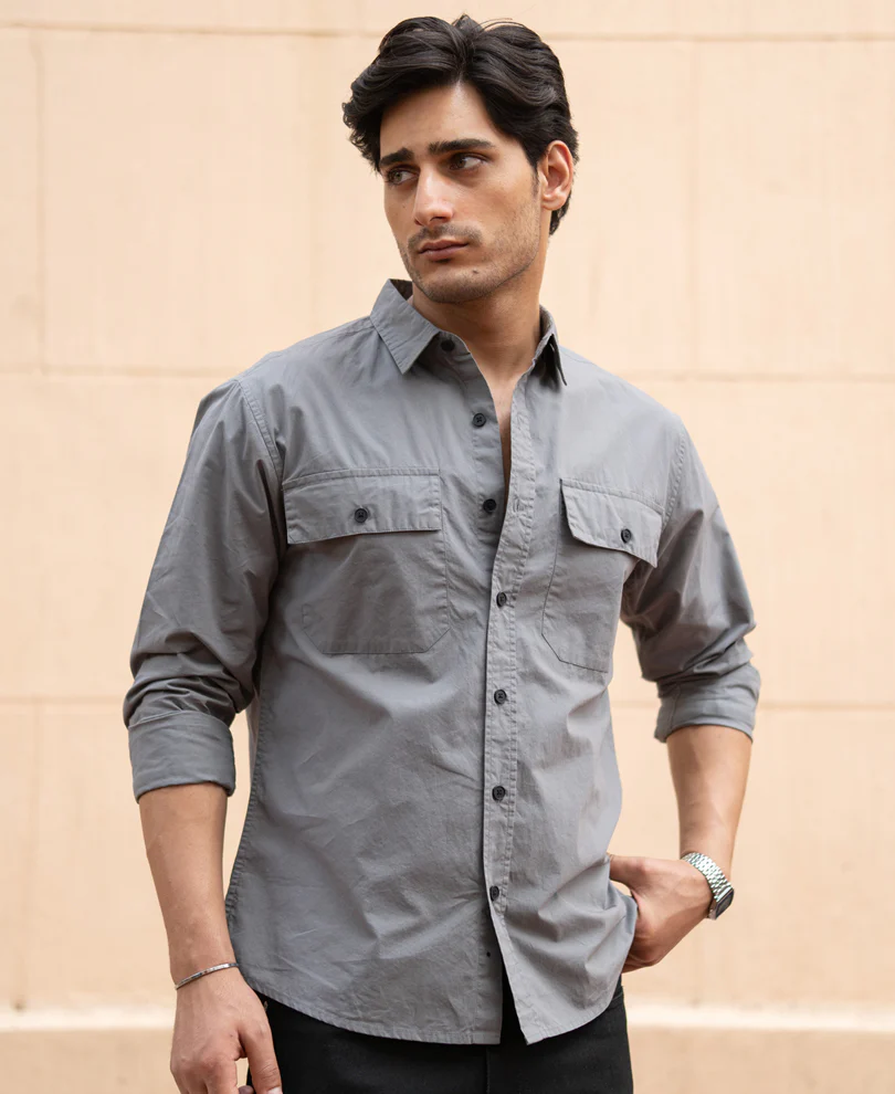 Grey Double Pocket Lightweight Shirt 100% Cotton - Image 2
