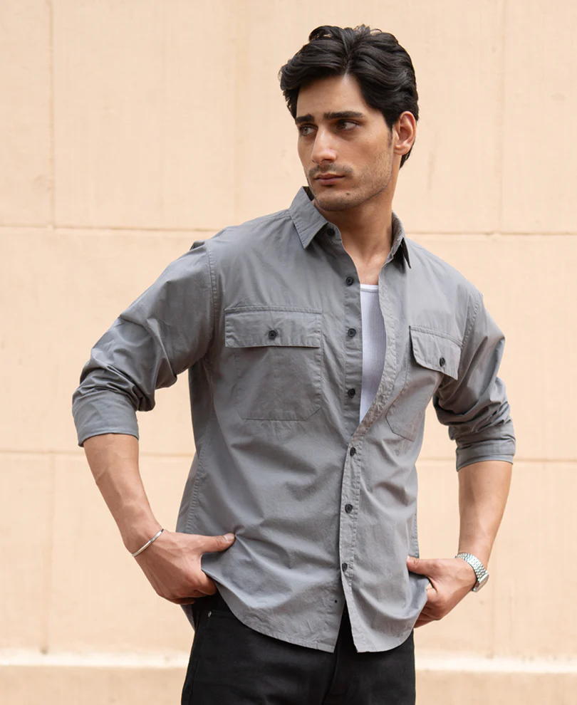 Grey Double Pocket Lightweight Shirt 100% Cotton - Image 3