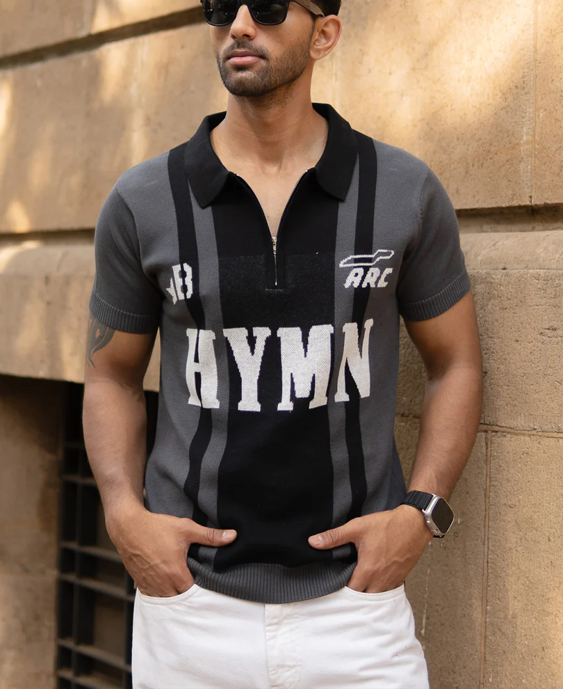 Grey Jacquard Half Sleeves Knit Polo T-Shirt 100% Cotton - Image 2