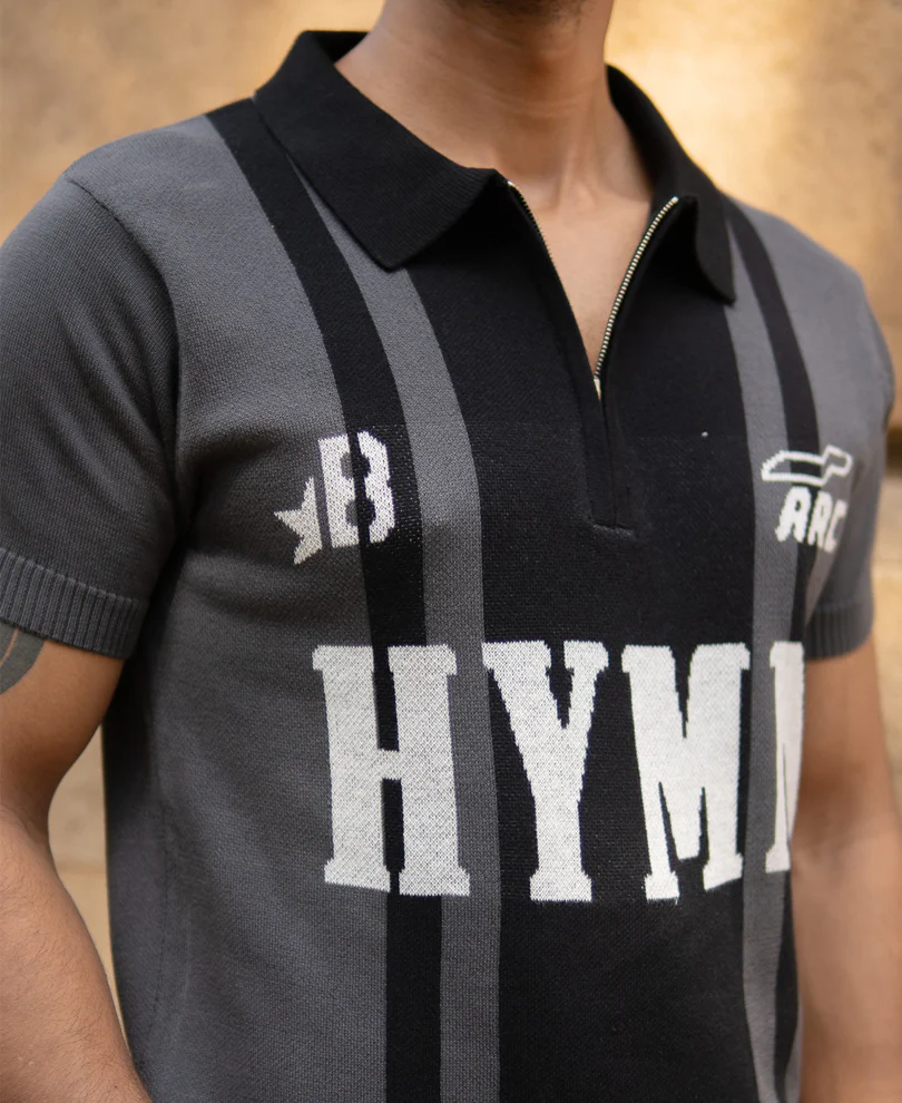Grey Jacquard Half Sleeves Knit Polo T-Shirt 100% Cotton - Image 3